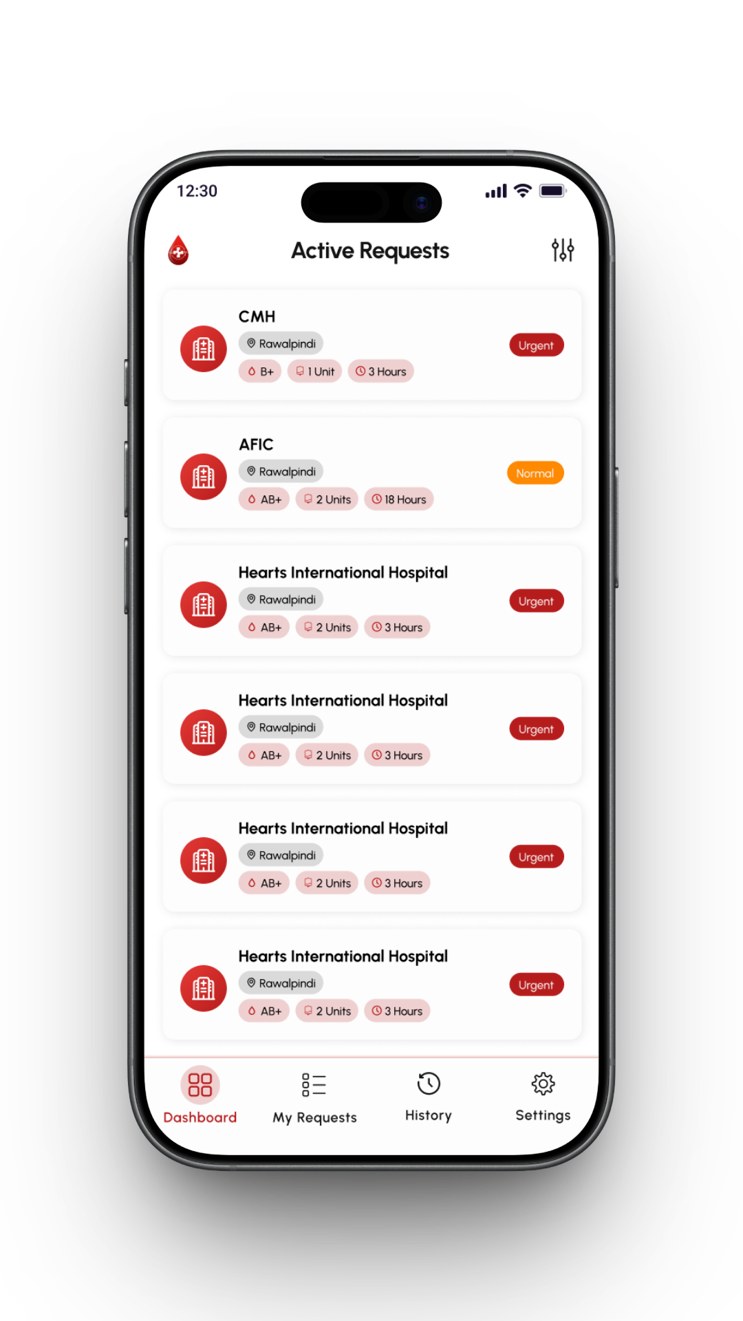Donate Pulse active blood requests screen