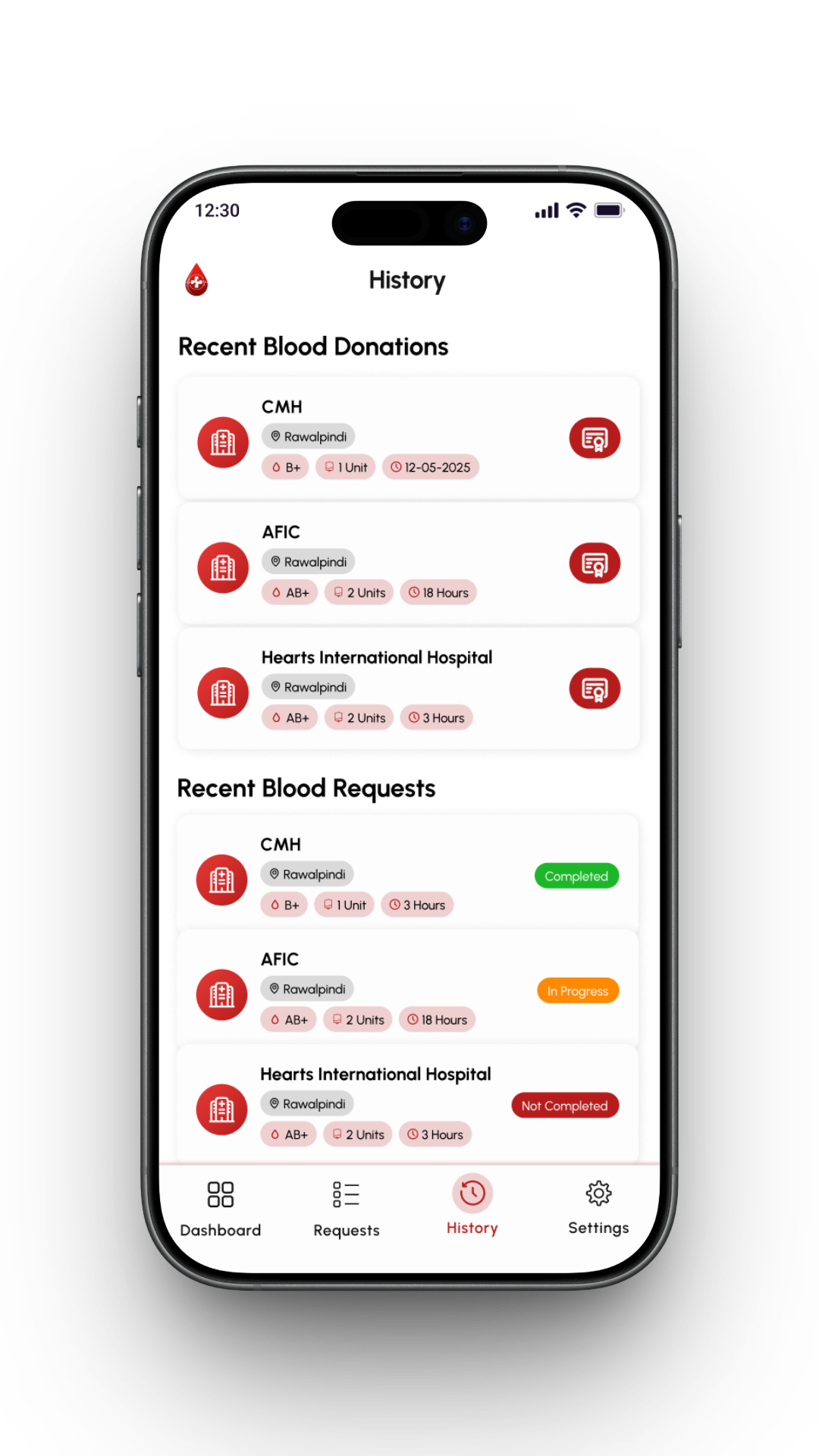 Donate Pulse donation history screen