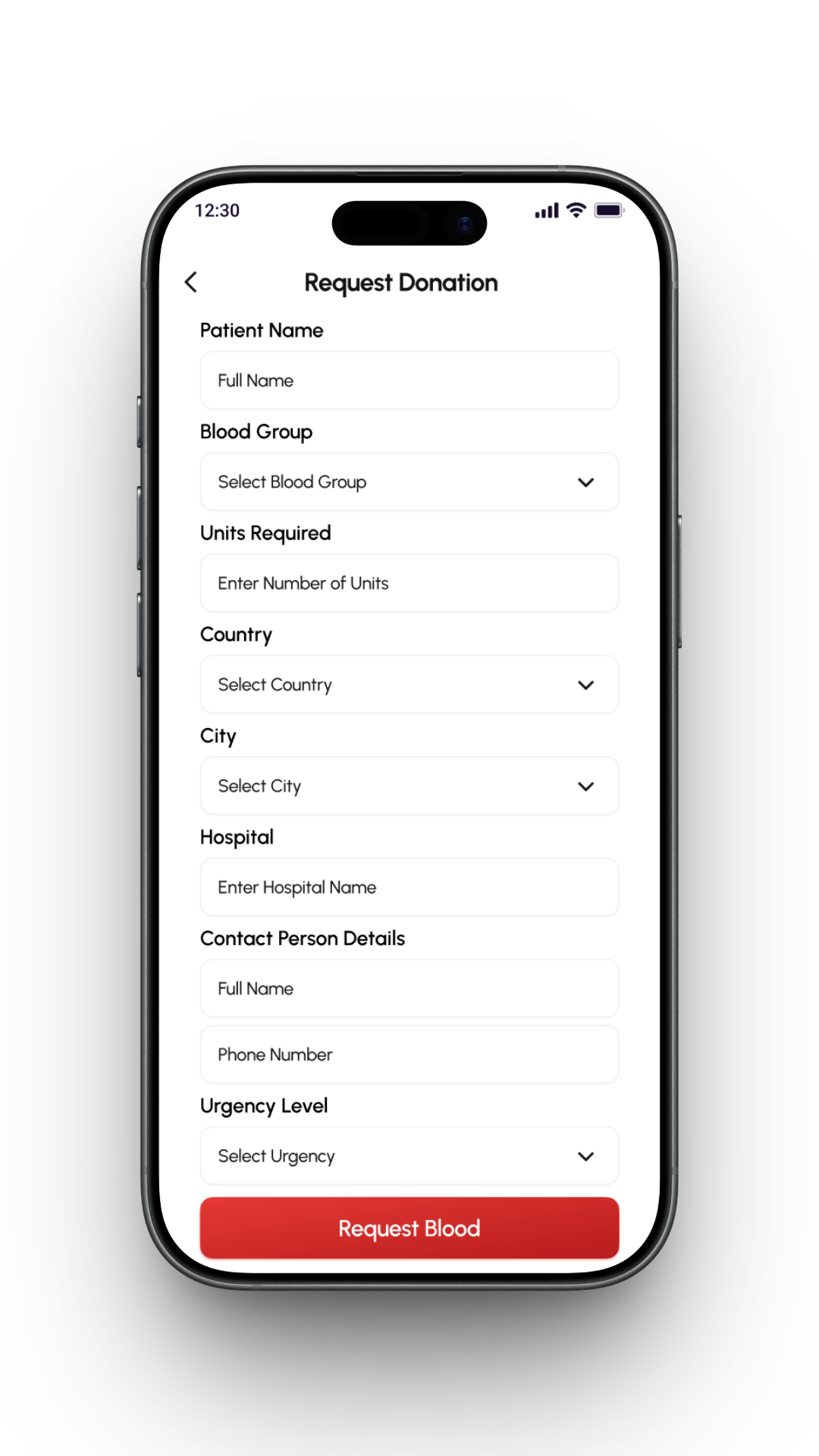 Blood Requests screen in the Donate Pulse app